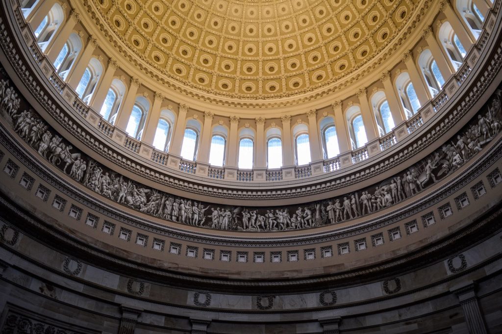 Interior of United States Capitol rotunda with ornamental dome