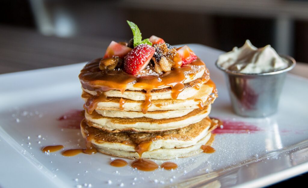 Pancake With Sliced Strawberry and other food
