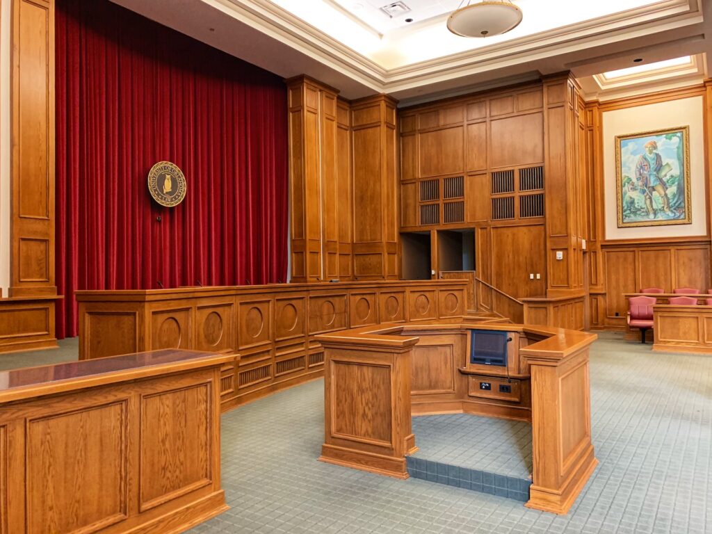 Empty mahogany courtroom