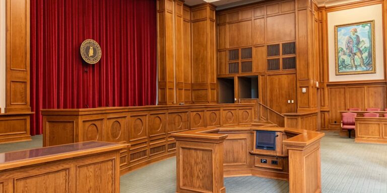Empty mahogany courtroom