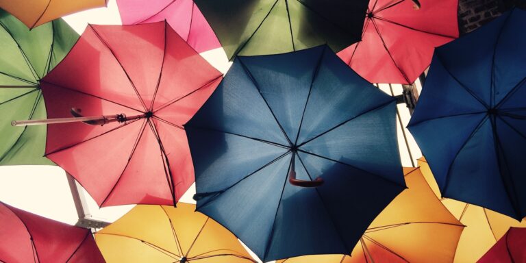 Sea of colorful umbrellas, representing insurance coverage and insurance fraud.