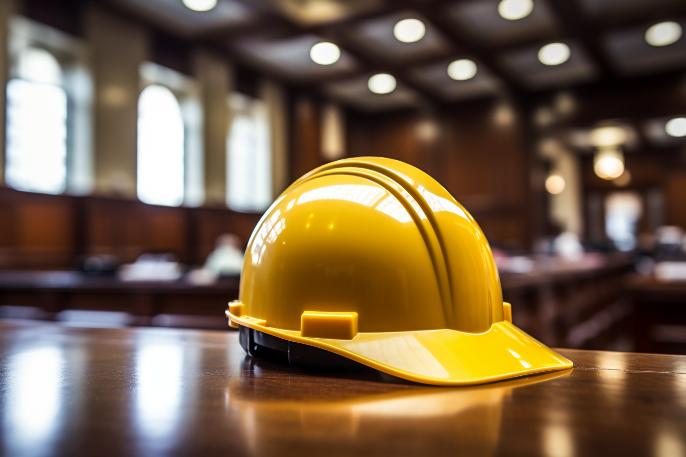 A photograph of a hard hat in a court room, representing contractor fraud and the davis-bacon act