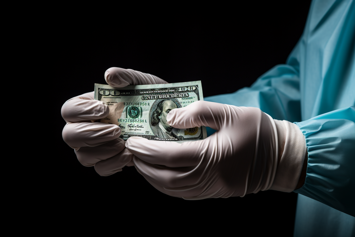 A doctor handing someone cash, representing health care fraud
