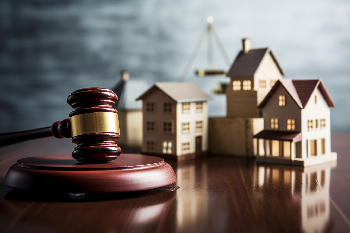 Miniature houses and a gavel representing mortgage fraud