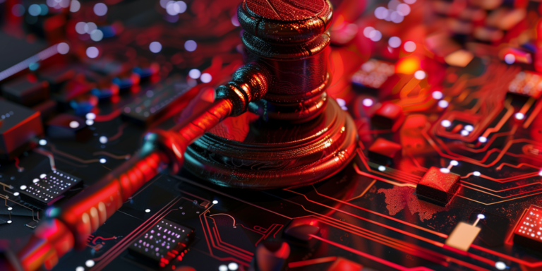 Rendering of a gavel on top of a motherboard, representing settlement in Booz Allen whistleblower case