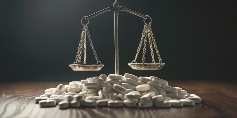 scales of justice on top of a pile of pills