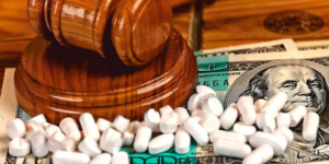 Pills on money with a gavel, representing Big Pharma Opioid