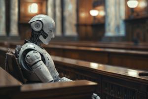 Robot sitting in a courtroom, representation of AI Fraud