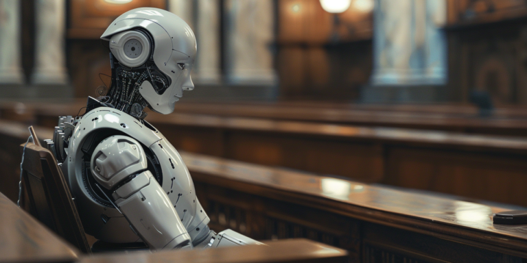 Robot sitting in a courtroom, representation of AI Fraud