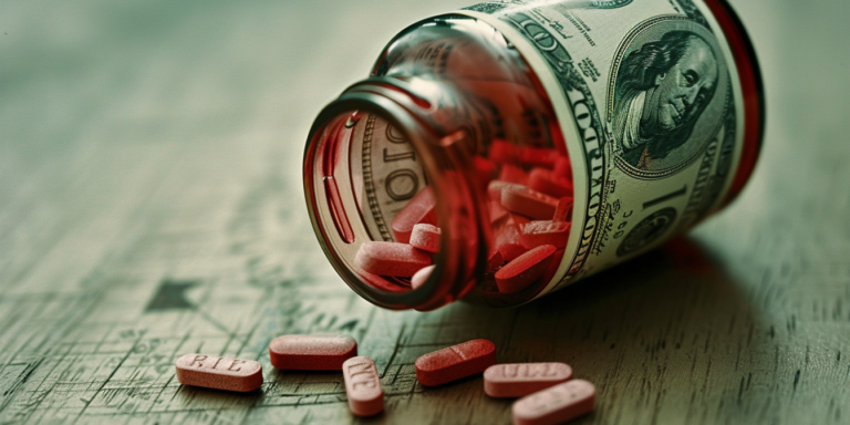 Prescription pill bottle wrapped in money, representing prescription drug fraud