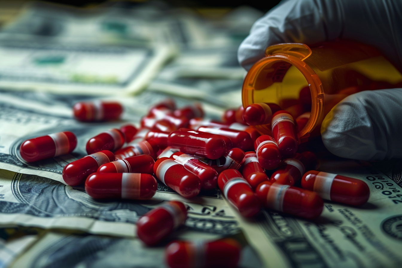 Photo of glove-wearing person spilling red pills over currency, depicting prescription drug fraud