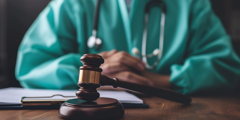 a gavel on a table, doctor in the background, representing False Claims Act in Healthcare