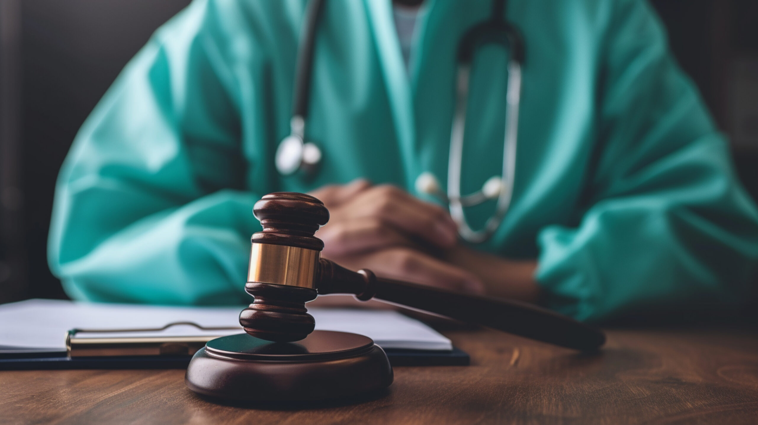 a gavel on a table, doctor in the background, representing False Claims Act in Healthcare