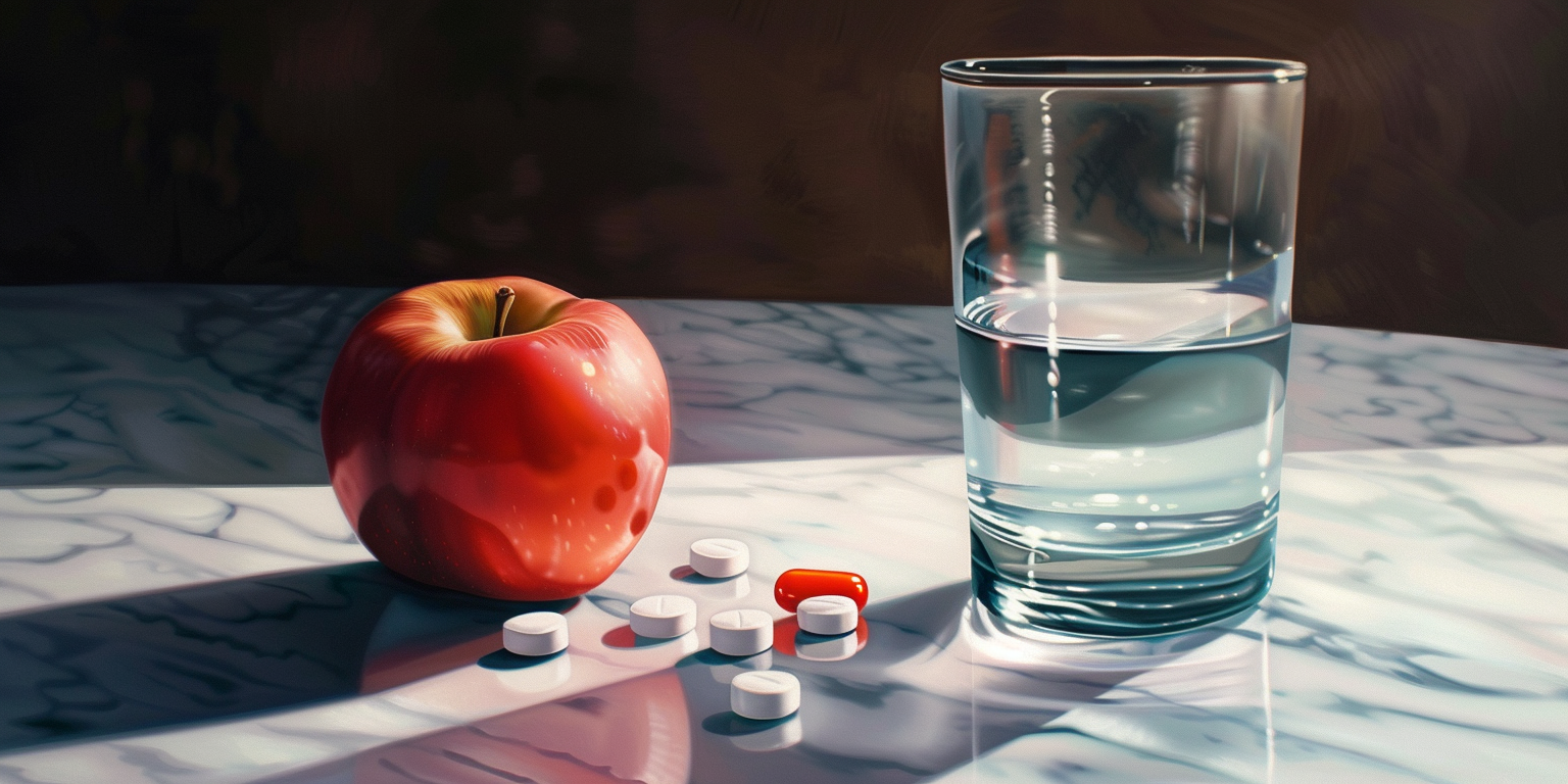 Pills and an apple, representing Ozempic
