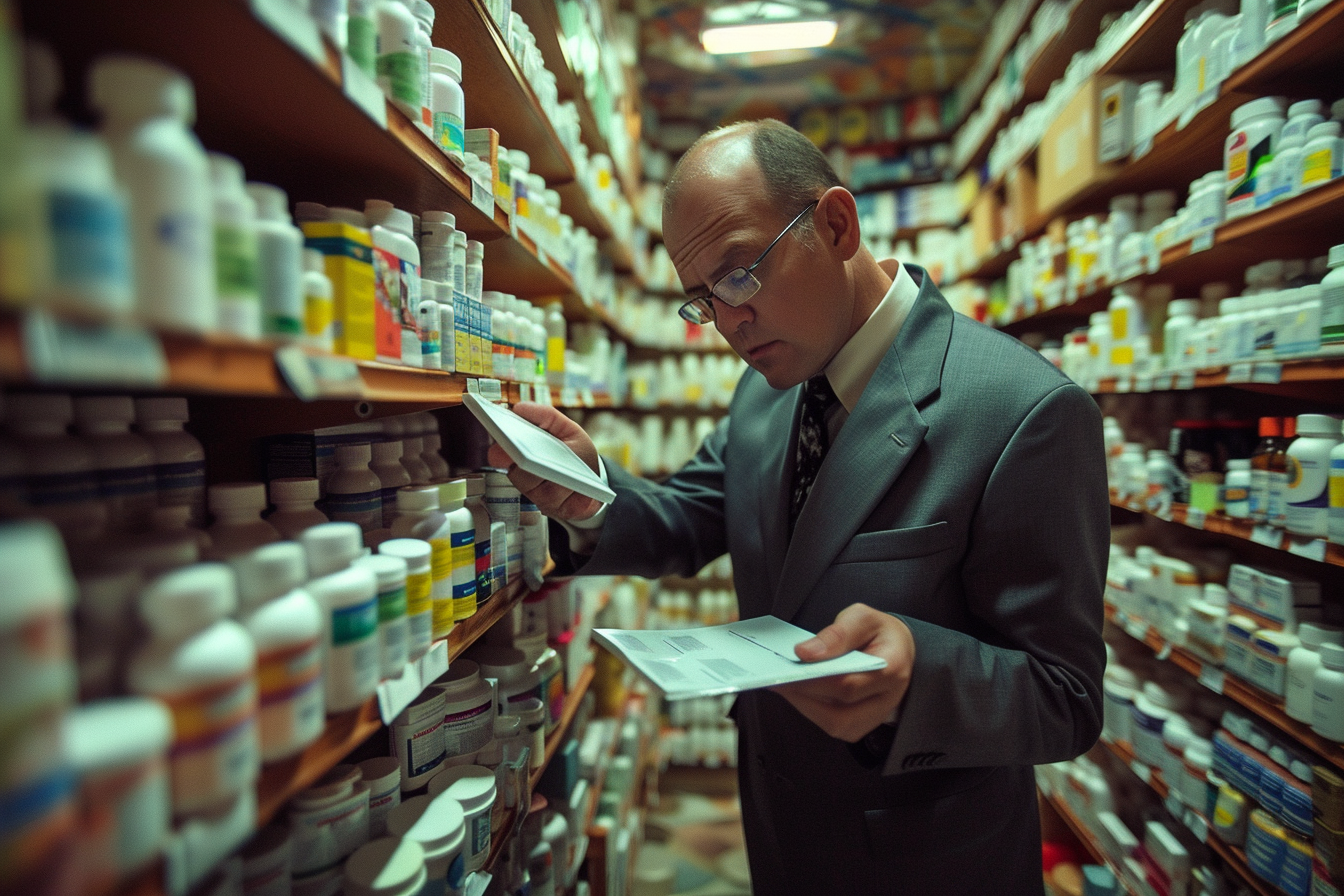 a man in a suit reading a book in a pharmacy, representing fraud in specialty pharmacies