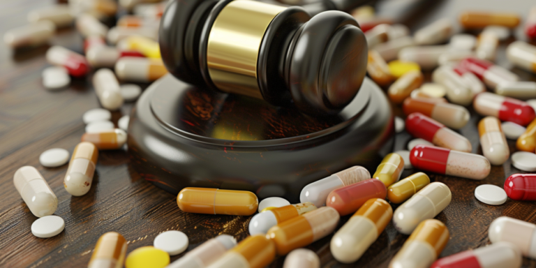 Gavel on top of pills, representing justice in the Rite Aid whistleblower case