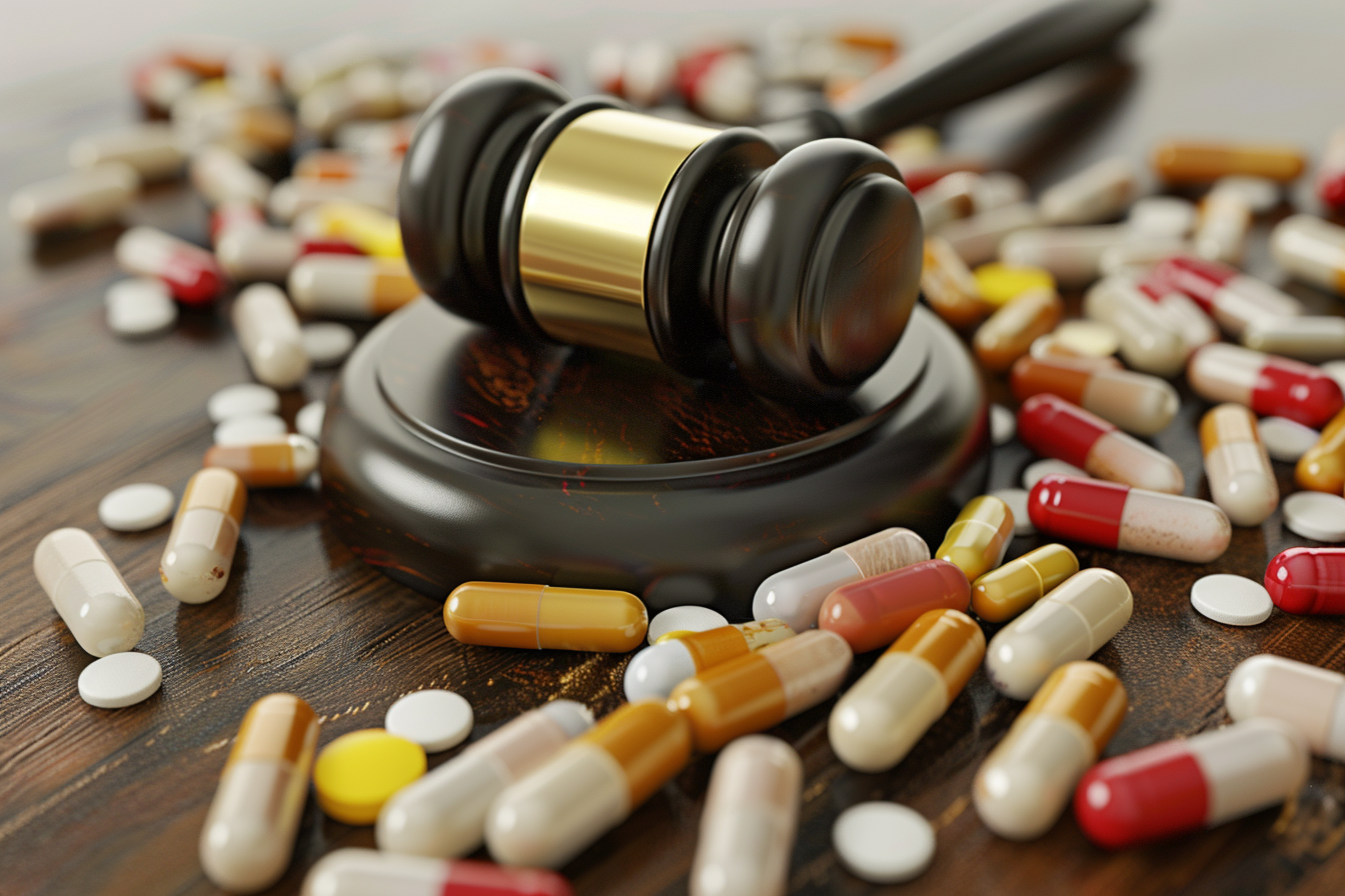 Gavel on top of pills, representing justice in the Rite Aid whistleblower case