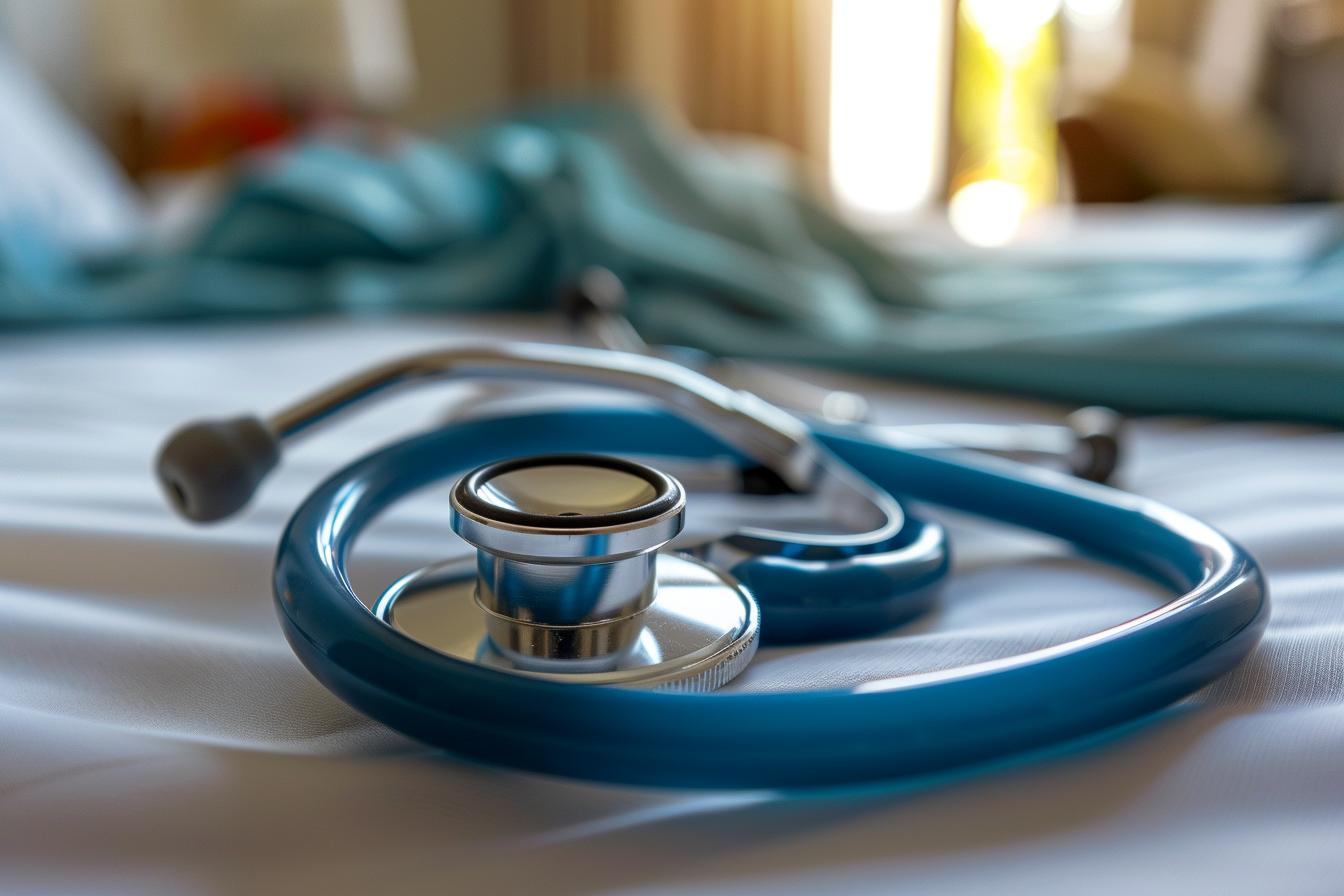 Blue stethoscope on a hospital bed