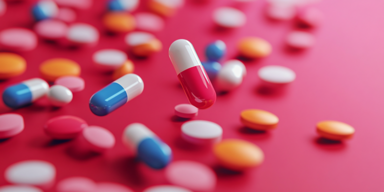 Pills on a pink background, representing CVS PBM Settlement