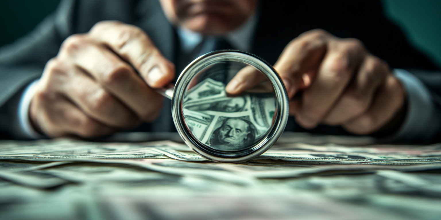 An accountant examining currency with a magnifier glass, representing PPP Loan Fraud