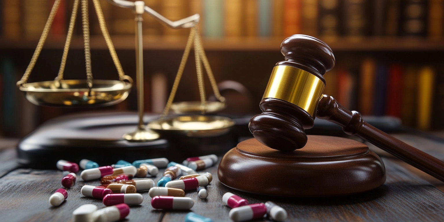 a gavel and pills on a table representing medicare billing fraud