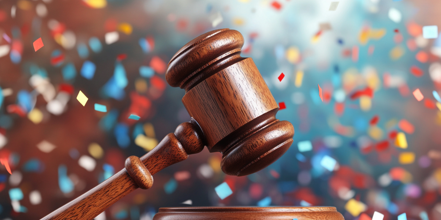 a gavel with confetti falling, representing top class actions of 2024