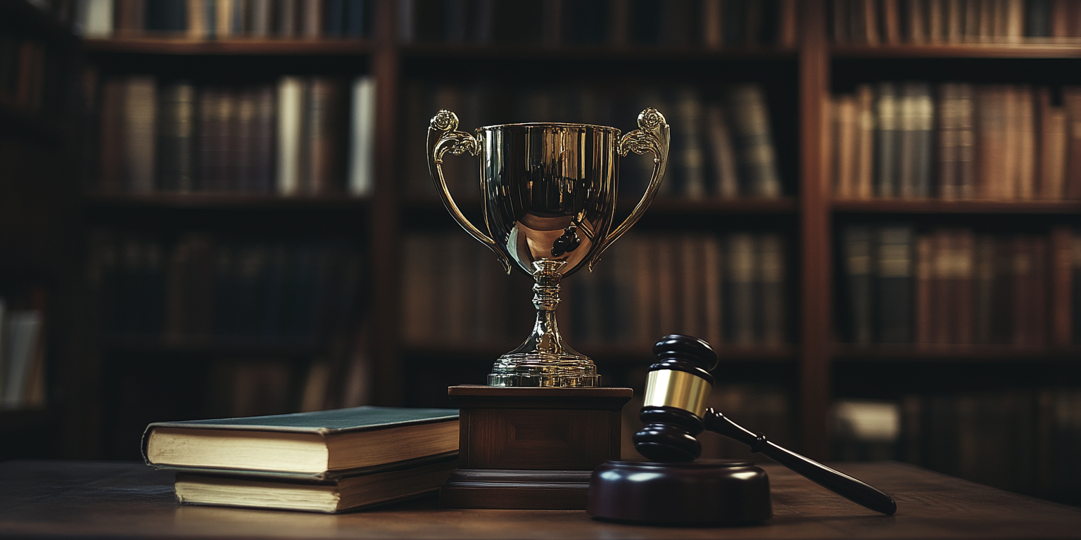 a trophy on a table next to a gavel