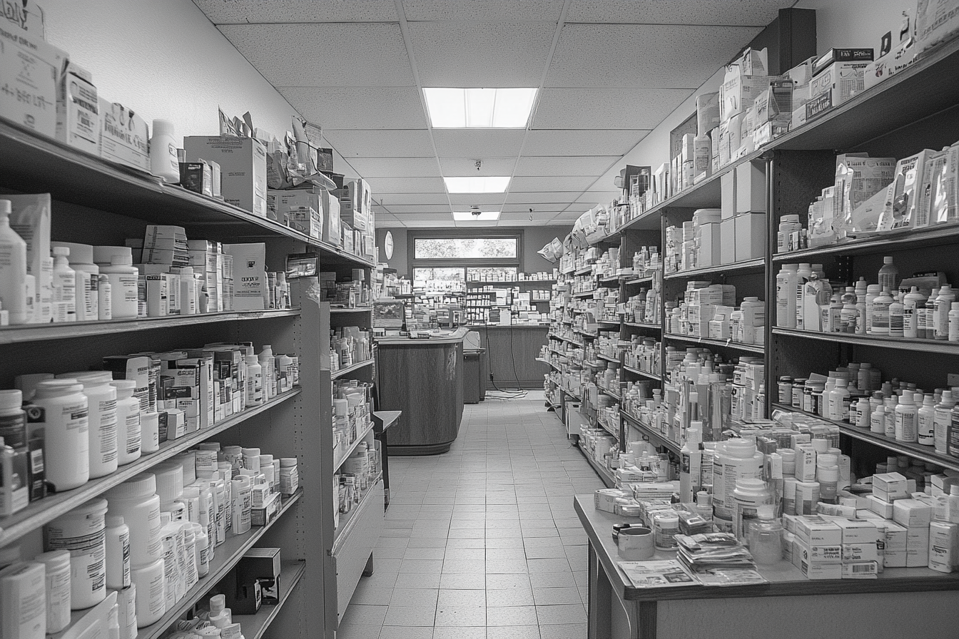 a pharmacy with shelves full of products, representing GoodRX potential PBM whistleblowers