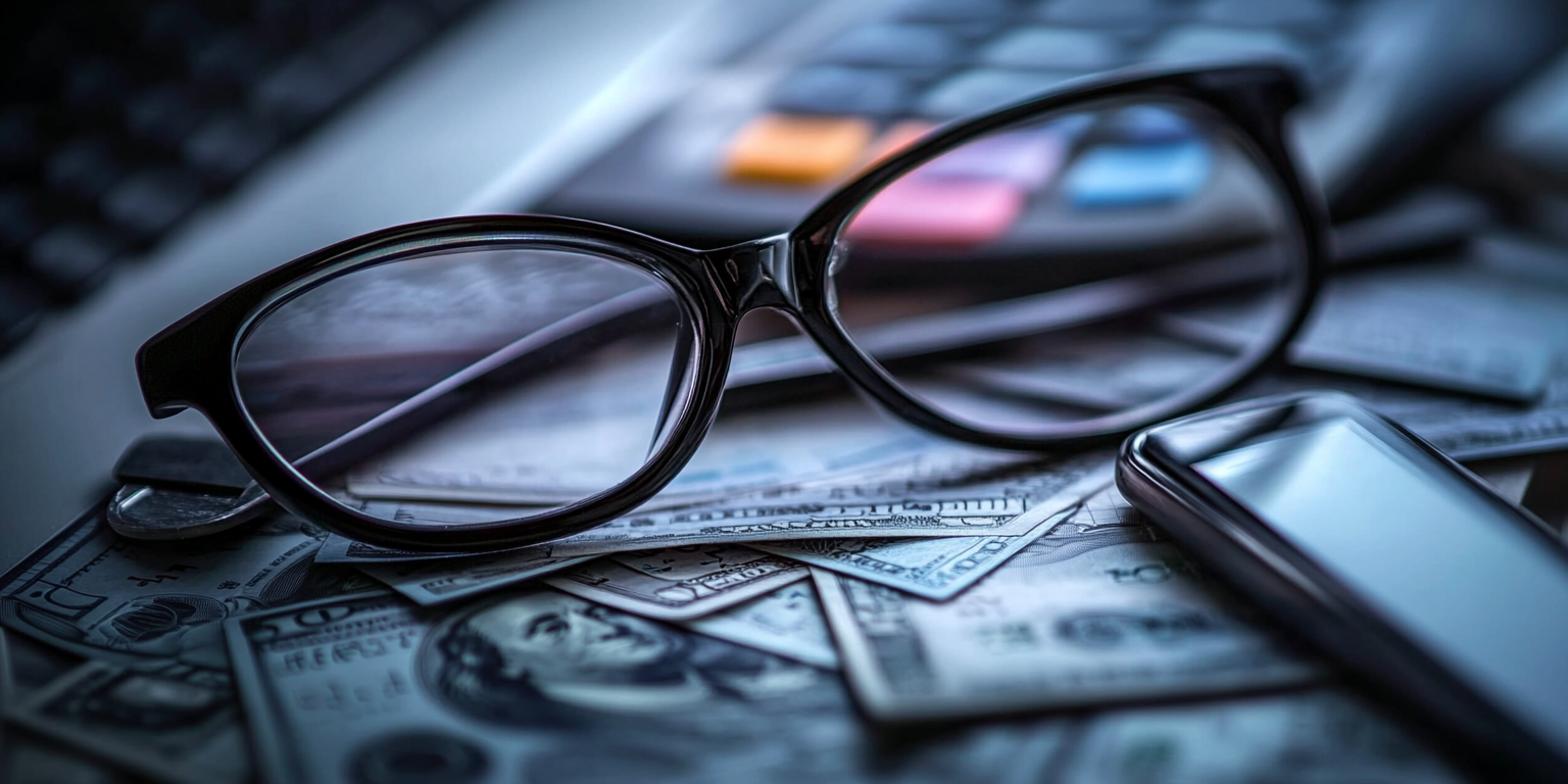 a close up of glasses and money, representing small business fraud