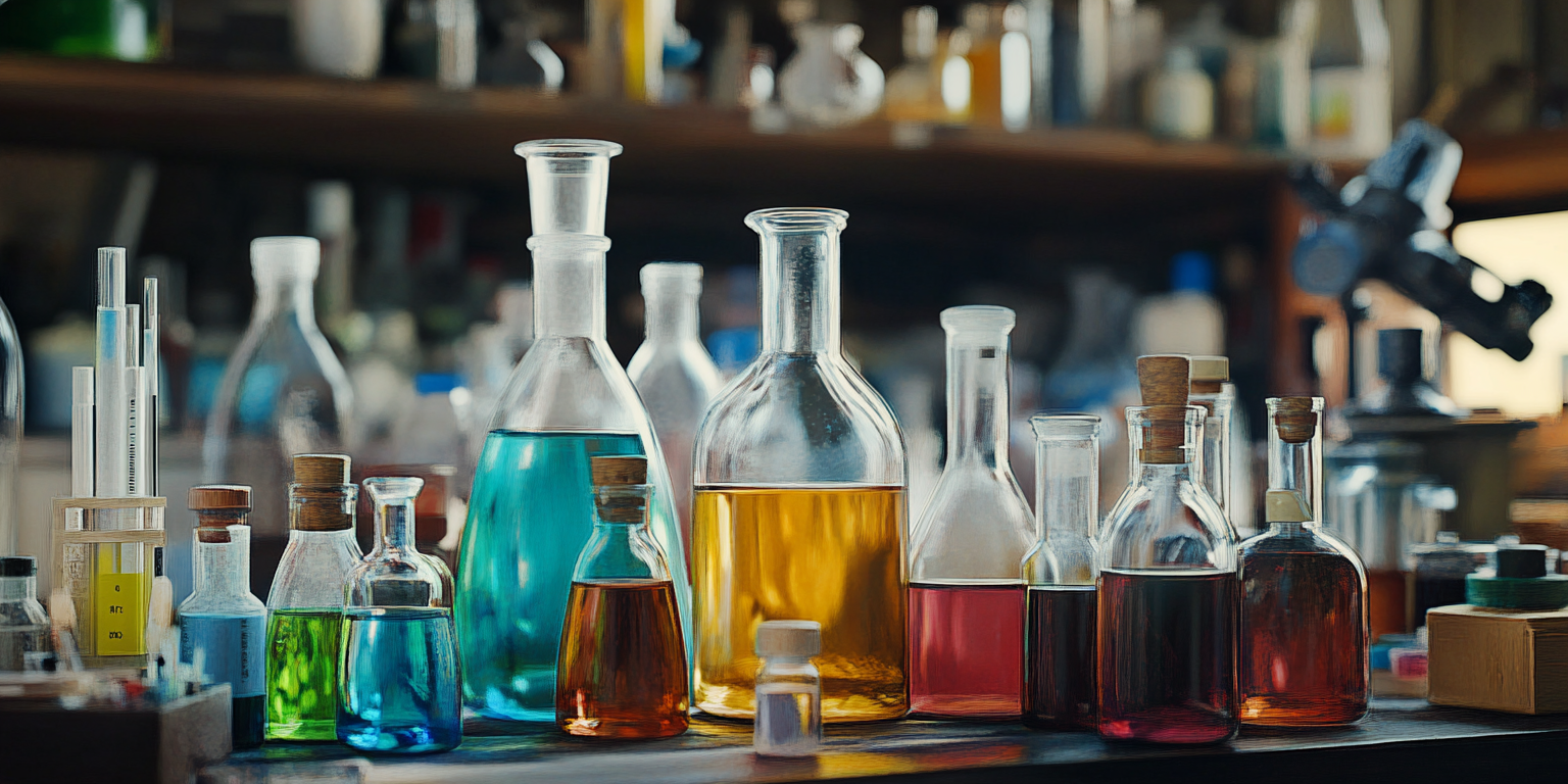 a group of glass bottles with different colored liquids, representing Laboratory Fraud Case