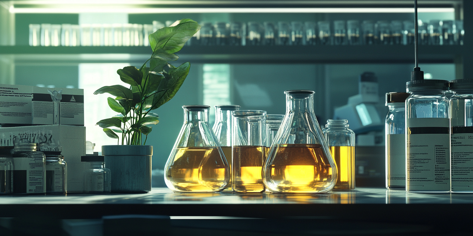 a group of glass beakers with yellow liquid in them, representing Laboratory Fraud Case